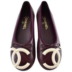 Chanel 26M Coco Beach Cambon Burgundy Red Ivory CC XL Ballet Ballerina Flat 37.5